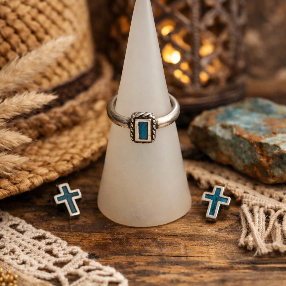 🌵✨ VINTAGE 1980 Sterling Silver Turquoise Cross Set – Ring Sz 4 + Stud Earrings